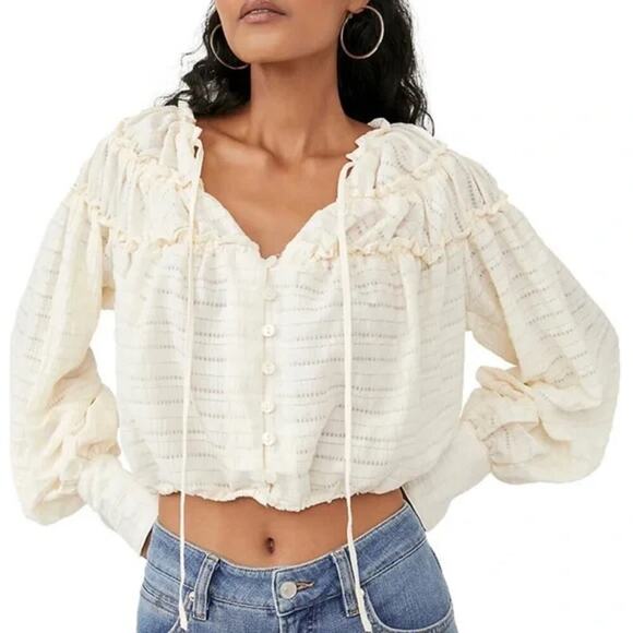Free People Hailey Cropped Blouse in Ivory (M) - Picture 2 of 16